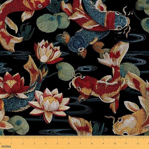 Feelyou Oriental Chinese Fabric by The Yard, Classic Embroidery Theme Upholstery Fabric for Chairs and Home DIY Projects, Koi Fish and Water Lily Decorative Waterproof Fabric, 1 Yard in Saudi Arabia