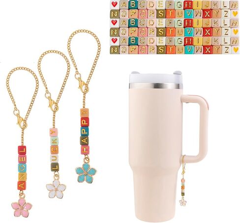 LUBINGSHINE DIY Letter Charm Set for Stanley Cup, 3pcs Charm Chains & 240pcs Beads, Name ID Personalized Handle Chain for Stanley Tumbler, Gift for Women (Gold Color Letter) in Saudi Arabia