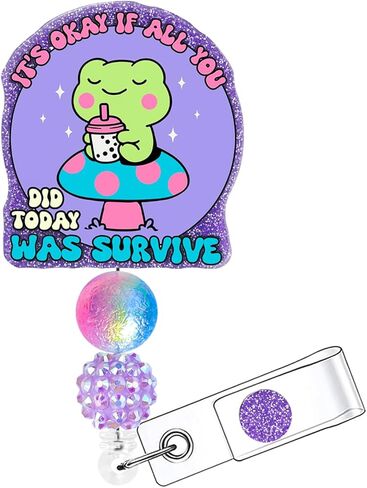 Retractable Badge Reel with Alligator Clip, Glitter Acrylic Nurse ID Card Holder with Beads, Bling Funny Design (Purple Frog) in Saudi Arabia