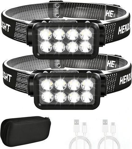 Rechargeable Headlamp,2 Pack 2500 Lumen Bright 5 Led Headlamp,14 Modes Adjustable Motion Sensor Headlight with Red Light for Adults& Kids,USB C Waterproof Head Flashlight for Outdoor Hiking in Saudi Arabia