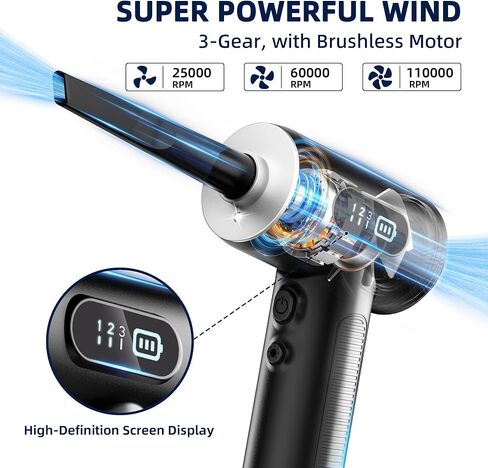 Compressed Air Duster & Vacuum Cleaner-3 Gear Adjustable 100000RPM Handheld Car Vacuum/Air Blower,Electric Air Duster with LED Light for Keyboard Electric Devices Cleaning.Replaces Compressed Air Cans in Saudi Arabia