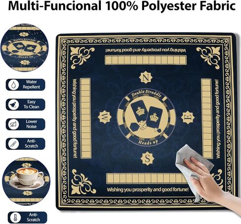 Upgraded Navy Blue & Gold Mahjong Mat 31.5x31.5 Inch - Non-Slip Rubber, Waterproof, Noise Reducing Table Cover for American & Chinese Mahjong, D20 Dice, Poker, Board Games with Carry Bag in Saudi Arabia