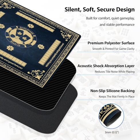Upgraded Navy Blue & Gold Mahjong Mat 31.5x31.5 Inch - Non-Slip Rubber, Waterproof, Noise Reducing Table Cover for American & Chinese Mahjong, D20 Dice, Poker, Board Games with Carry Bag in Saudi Arabia