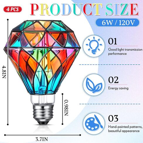 قطعتان من لمبة الإضاءة LED المصنوعة من الزجاج الملون E26 Base A60 لمبة الإضاءة الملونة 120 فولت لمبات الإضاءة الوامضة لعيد الميلاد وعيد الميلاد وديكور المنزل والحديقة والشرفة (شكل ماسي، 6 وات) in Saudi Arabia