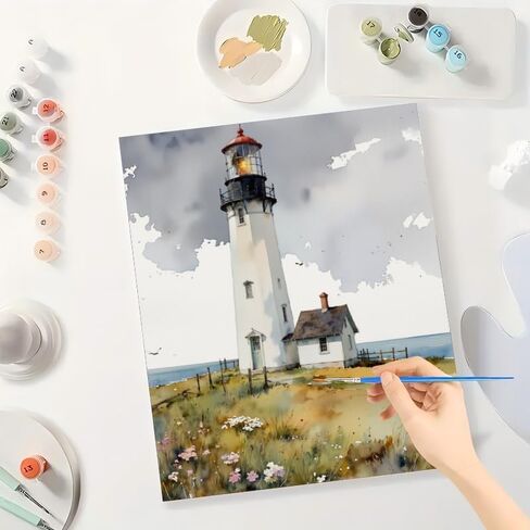 Coastal Paint by Numbers Kit for Adults - DIY Lighthouse by The Sea Painting on Canvas 16x20 Inches, Acrylic Paint Set, Suitable for Beginners, Nautical Art for Home Decoration or Gifts in Saudi Arabia