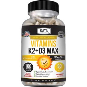 فيتامينات كايا ناتشورالز K2 مع مكمل D3 5000IU - مكمل لصحة العظام والقلب - مكمل سهل البلع - كبسولات البيوبيرين - 60 قطعة نباتية in Kuwait