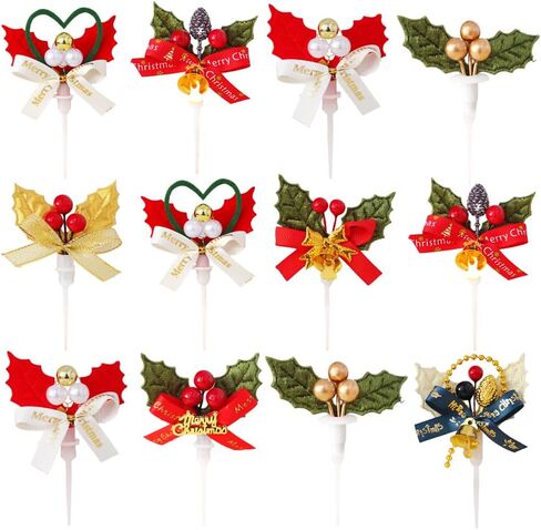 24PCS Christmas Cake Picks 3D Cake Toppers with Bow Holiday Cupcake Toppers Wreath Holly Berry for Holiday Christmas Cake Ornaments Decorations (Random Pattern) in Saudi Arabia