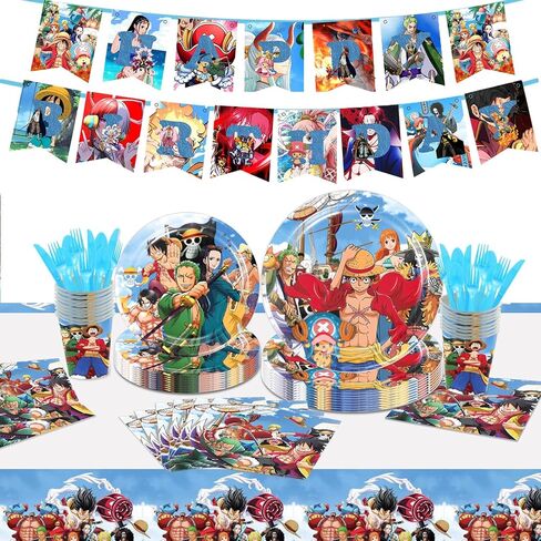 112PCS One Piece Birthday Party Supplies - 1 Banner, 20 9 - inch Plates, 20 7 - inch Plates, 20 Cups, 1 Tablecloth, 20 Napkins, 30 Spoons + Forks + Knives in Saudi Arabia