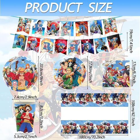 112PCS One Piece Birthday Party Supplies - 1 Banner, 20 9 - inch Plates, 20 7 - inch Plates, 20 Cups, 1 Tablecloth, 20 Napkins, 30 Spoons + Forks + Knives in Saudi Arabia
