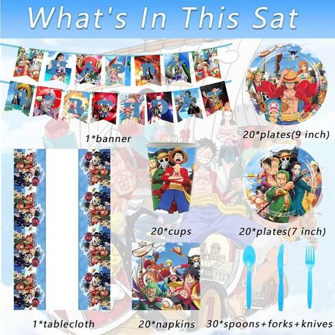112PCS One Piece Birthday Party Supplies - 1 Banner, 20 9 - inch Plates, 20 7 - inch Plates, 20 Cups, 1 Tablecloth, 20 Napkins, 30 Spoons + Forks + Knives in Saudi Arabia