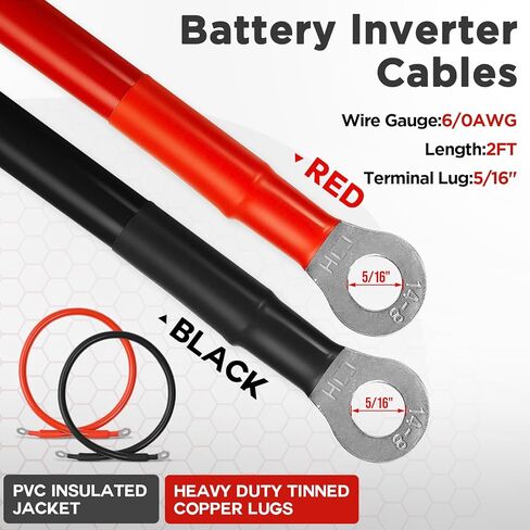 كابل بطارية ZLPOWER 6 قياس، 1FT أحمر + 1FT أسود 6 AWG كابل لحام سلك نحاسي نقي مع عروات 5/16 للسيارات والبطارية والطاقة الشمسية والمولدات، سلك قياسي UL1015 in Kuwait