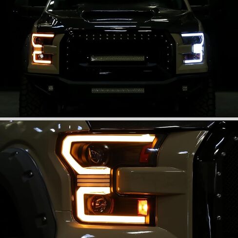 Ronnin - Fits 2015-2017 Ford F150 Halogen Dual Projector Headlights LED DRL Switchback Sequential Turn Signals With 2 Lighting Patterns Assembly Pair | Black in Saudi Arabia