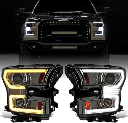 Ronnin - يناسب 2015-2017 Ford F150 Halogen Dual Projector Headlights LED DRL Switchback إشارات الانعطاف المتسلسلة مع زوج تجميع أنماط الإضاءة | أسود in Kuwait