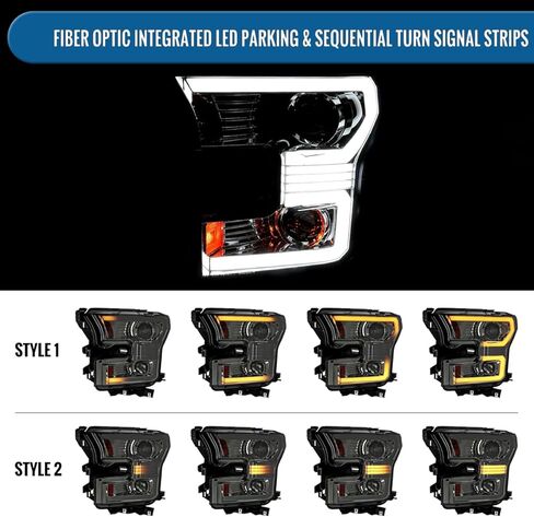 Ronnin - يناسب 2015-2017 Ford F150 Halogen Dual Projector Headlights LED DRL Switchback إشارات الانعطاف المتسلسلة مع زوج تجميع أنماط الإضاءة | أسود in Kuwait
