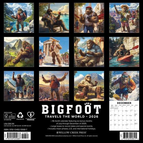 مطبعة ويلو كريك، تقويم حائط Bigfoot Travels the World 2026، 12 بوصة × 12 بوصة، تقويم 18 شهرًا مع غلاف مثبت in Kuwait