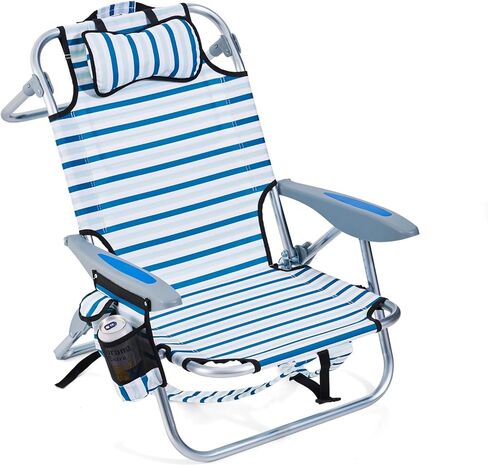 Portable Beach Chair for Adults, Outdoor Camping Chair Lay Flat Folding Backpack Beach Reclining Chair with 5 Positions, Headrest, Cup Holder, Heavy Ocean Striped in Saudi Arabia