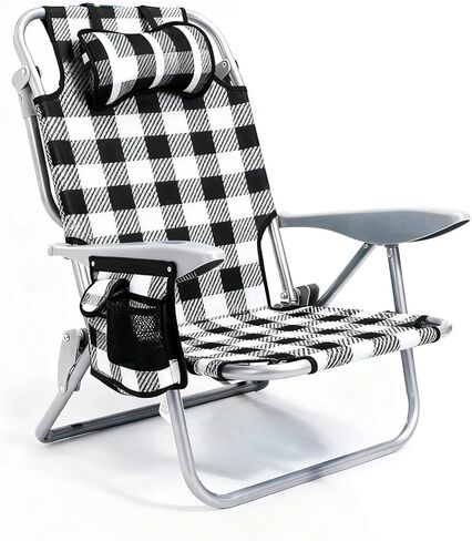 كرسي الشاطئ المحمول للبالغين، كرسي تخييم خفيف الوزن في الهواء الطلق، كرسي مسطح قابل للطي على ظهر الشاطئ مع 4 أوضاع، مسند للرأس، حقيبة تبريد، حامل أكواب، أخضر عشبي in Kuwait