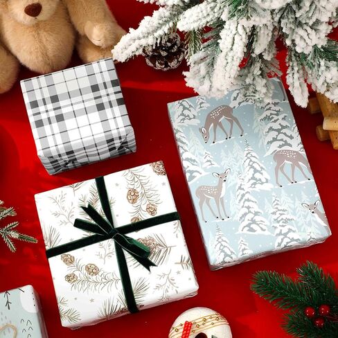 JarThenaAMCS 12 Sheets Christmas Wrapping Paper -Not Roll- Plaid Xmas Winter Snowman Reindeer Gift Wrap Paper Folded Flat Art Craft Paper for Christmas Holiday Party, 19.7 x 27.6 Inch in Saudi Arabia