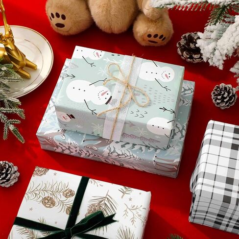 JarThenaAMCS 12 Sheets Christmas Wrapping Paper -Not Roll- Plaid Xmas Winter Snowman Reindeer Gift Wrap Paper Folded Flat Art Craft Paper for Christmas Holiday Party, 19.7 x 27.6 Inch in Saudi Arabia