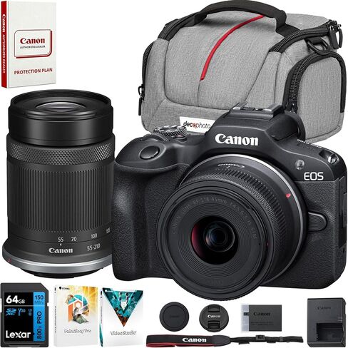 هيكل كاميرا Canon EOS R100 بدون مرآة مع RF-S مقاس 18-45 مم F4.5-6.3 عبارة عن حزمة عدسات STM مع حقيبة تصوير Deco Gear + ميكروفون + Monopod + مجموعة البرامج والملحقات in Kuwait