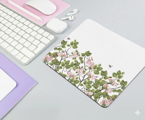 Small White Mouse Pad with Cute Floral Bees Design | Small White Mouse Pad for Laptop or Desktop Computer Featuring Floral Design, Smooth Surface for Easy Mousepad Tracking, and Non-Slip Base in Saudi Arabia