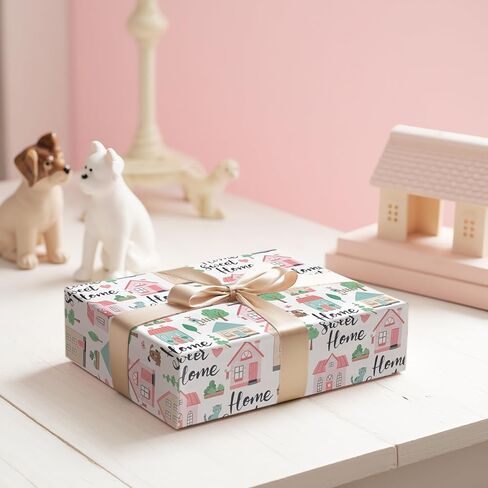 ورق تغليف LeZakaa Pink Housewarming، تصميم المنازل الوردية والأشجار الخضراء المورقة، نص منزلي جميل، للترحيب بالمنزل، هدايا عائلية، لإهداء العائلات والأصدقاء والجيران، 17 بوصة × 16.4 قدم in Saudi Arabia