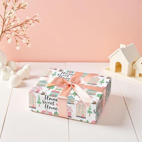 ورق تغليف LeZakaa Pink Housewarming، تصميم المنازل الوردية والأشجار الخضراء المورقة، نص منزلي جميل، للترحيب بالمنزل، هدايا عائلية، لإهداء العائلات والأصدقاء والجيران، 17 بوصة × 16.4 قدم in Saudi Arabia