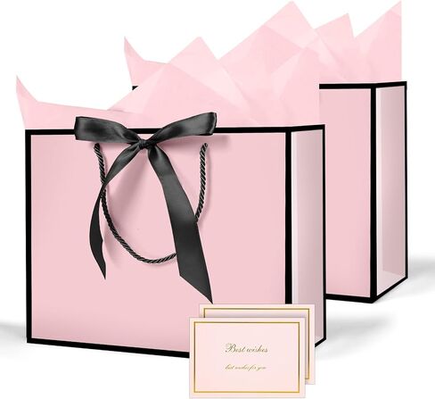 AMFUN 2PCS Medium Gift Bags, Paper Gift Bag with 4 Wrappers and 2 Cards,Present Bag with Handles,Pink Paper Bags for Women Valentines Bridesmaid Birthday Wedding Party (Pink-Black) in Saudi Arabia