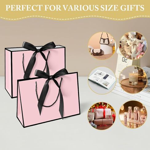 AMFUN 2PCS Medium Gift Bags, Paper Gift Bag with 4 Wrappers and 2 Cards,Present Bag with Handles,Pink Paper Bags for Women Valentines Bridesmaid Birthday Wedding Party (Pink-Black) in Saudi Arabia