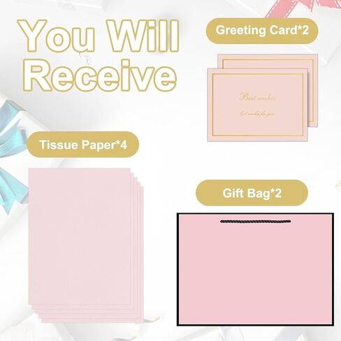 AMFUN 2PCS Medium Gift Bags, Paper Gift Bag with 4 Wrappers and 2 Cards,Present Bag with Handles,Pink Paper Bags for Women Valentines Bridesmaid Birthday Wedding Party (Pink-Black) in Saudi Arabia