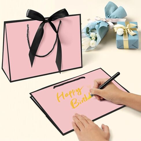AMFUN 2PCS Medium Gift Bags, Paper Gift Bag with 4 Wrappers and 2 Cards,Present Bag with Handles,Pink Paper Bags for Women Valentines Bridesmaid Birthday Wedding Party (Pink-Black) in Saudi Arabia
