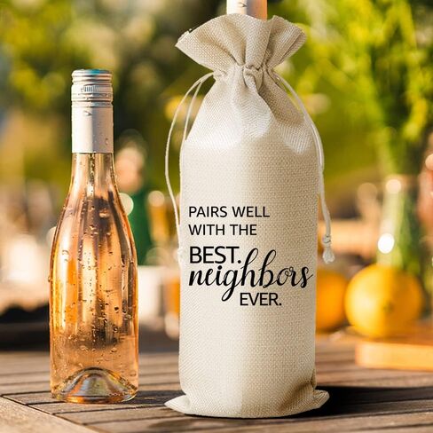 DOI-LANEE Housewarming Gifts Wine bag, Thank You Gift for Neighbor New Home Owner, Housewarming Party Decorations, Best Neighbors Ever Burlap Drawstring Wine Bag in Saudi Arabia