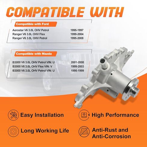 مضخة مياه المحرك AW4095 مع حشية متوافقة مع Mazda B3000 1995-2008 وFord 1995-2008، Aerostar 1995-1997، بيك اب، (لـ V6 3.0L OHV)، استبدل OE XL5Z8501AD، ZZM715010، ZZR115010، F59Z8501A in Saudi Arabia