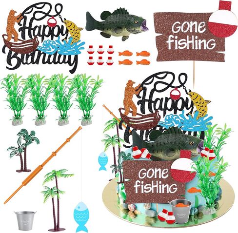 21 قطعة من قطع تزيين كعكة الصيد مع قضيب السمكة العائمة وعشب الماء وعلامة عيد ميلاد سعيد وديكور كعكة الصيد ومستلزمات الحفلات in Kuwait