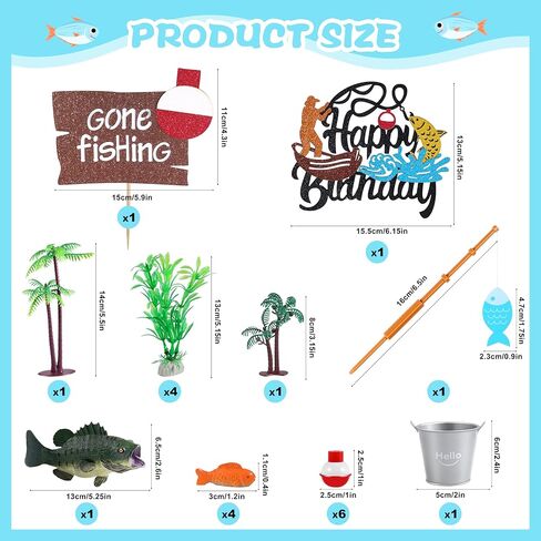 21 قطعة من قطع تزيين كعكة الصيد مع قضيب السمكة العائمة وعشب الماء وعلامة عيد ميلاد سعيد وديكور كعكة الصيد ومستلزمات الحفلات in Kuwait