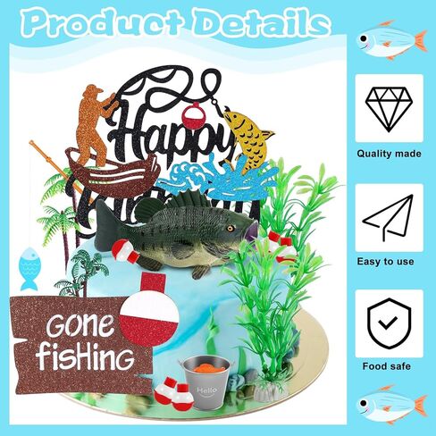 21 قطعة من قطع تزيين كعكة الصيد مع قضيب السمكة العائمة وعشب الماء وعلامة عيد ميلاد سعيد وديكور كعكة الصيد ومستلزمات الحفلات in Kuwait