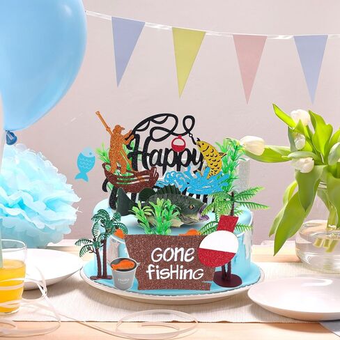 21 قطعة من قطع تزيين كعكة الصيد مع قضيب السمكة العائمة وعشب الماء وعلامة عيد ميلاد سعيد وديكور كعكة الصيد ومستلزمات الحفلات in Kuwait