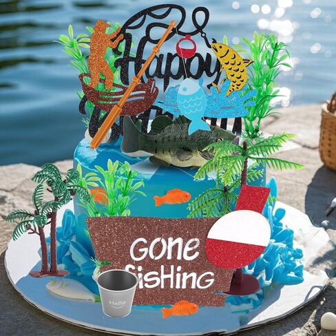 21 قطعة من قطع تزيين كعكة الصيد مع قضيب السمكة العائمة وعشب الماء وعلامة عيد ميلاد سعيد وديكور كعكة الصيد ومستلزمات الحفلات in Kuwait
