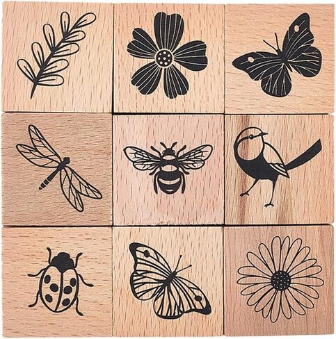 CRASPIRE 9 Style Wooden Rubber Stamps Set 1.25 Inch Reusable Flower Butterfly Leaf Insect Bee Daisy Decorative Wood Mounted Stamp for DIY Art Craft Card Making Scrapbooking Journaling Albums Gift in Saudi Arabia