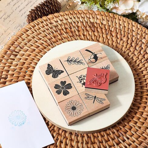 CRASPIRE 9 Style Wooden Rubber Stamps Set 1.25 Inch Reusable Flower Butterfly Leaf Insect Bee Daisy Decorative Wood Mounted Stamp for DIY Art Craft Card Making Scrapbooking Journaling Albums Gift in Saudi Arabia