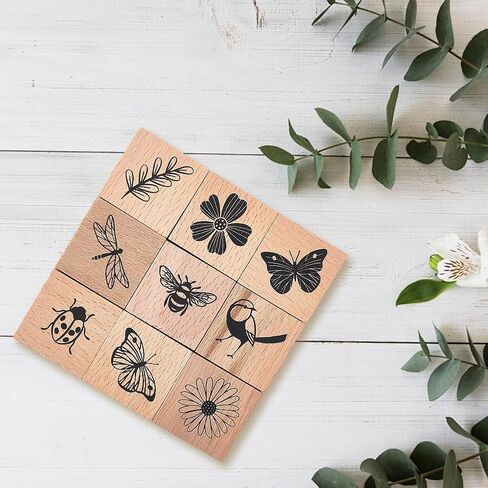 CRASPIRE 9 Style Wooden Rubber Stamps Set 1.25 Inch Reusable Flower Butterfly Leaf Insect Bee Daisy Decorative Wood Mounted Stamp for DIY Art Craft Card Making Scrapbooking Journaling Albums Gift in Saudi Arabia