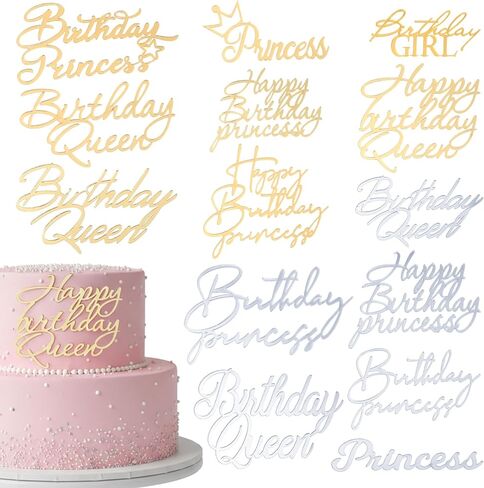 14 Pcs Happy Birthday Cake Toppers, Gold Silver Happy Birthday Princess Cake Toppers for Women, Acrylic Cupcake Decor Side Decoration Kit Girl Party Supplies in Saudi Arabia