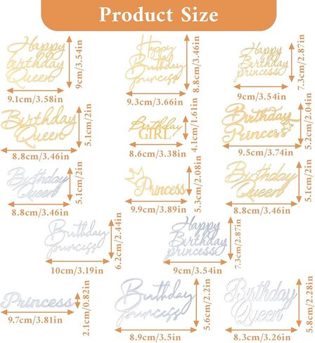 14 Pcs Happy Birthday Cake Toppers, Gold Silver Happy Birthday Princess Cake Toppers for Women, Acrylic Cupcake Decor Side Decoration Kit Girl Party Supplies in Saudi Arabia
