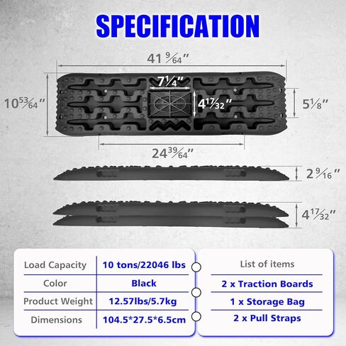 لوحات الجر للطرق الوعرة، لوحات الاسترداد مع قاعدة جاك، ملحقات الطرق الوعرة 4x4 لشاحنة سيارة جيب الدفع الرباعي، الطين، الثلج، الرمل، حصاة مع شريطين وحقيبة تخزين، أسود in Kuwait