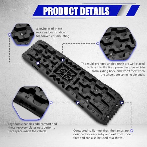 لوحات الجر للطرق الوعرة، لوحات الاسترداد مع قاعدة جاك، ملحقات الطرق الوعرة 4x4 لشاحنة سيارة جيب الدفع الرباعي، الطين، الثلج، الرمل، حصاة مع شريطين وحقيبة تخزين، أسود in Kuwait