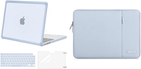 حافظة MOSISO متوافقة مع جهاز MacBook Air 13 بوصة 2024 2023 2022 M3 A3113 M2 A2681، حافظة صلبة من البلاستيك المقاوم للكسر وممتصة للصدمات من مادة TPU شديدة التحمل وطبقة لوحة المفاتيح وفيلم الشاشة وحقيبة عمودية من البوليستر، أزرق فاتح in Saudi Arabia