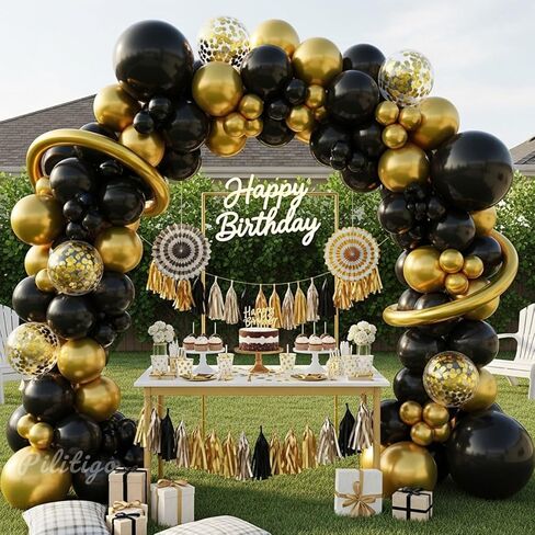 Black and Gold Balloon Arch Kit - 114 Pcs Black and Gold Balloons Garland with Confetti & Long Balloons for Men Birthday Graduation 2026 New Years Eve Retirement Party Decorations in Saudi Arabia