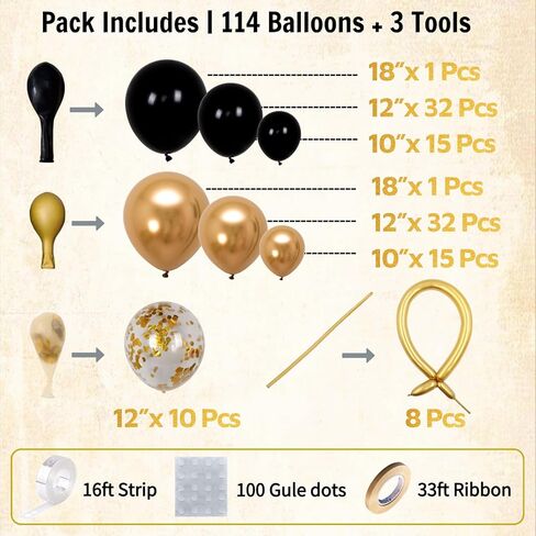 Black and Gold Balloon Arch Kit - 114 Pcs Black and Gold Balloons Garland with Confetti & Long Balloons for Men Birthday Graduation 2026 New Years Eve Retirement Party Decorations in Saudi Arabia