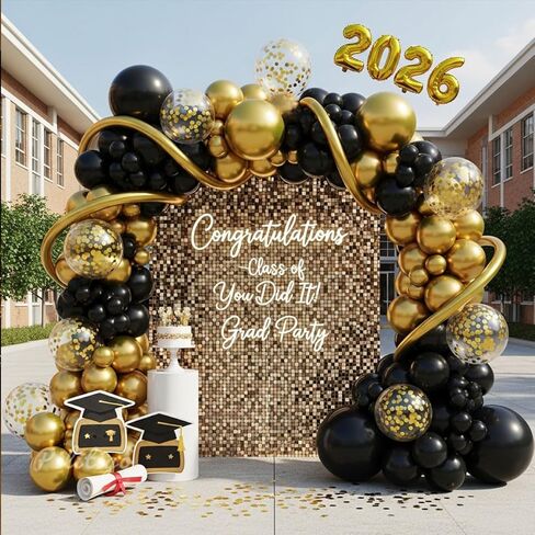 Black and Gold Balloon Arch Kit - 114 Pcs Black and Gold Balloons Garland with Confetti & Long Balloons for Men Birthday Graduation 2026 New Years Eve Retirement Party Decorations in Saudi Arabia