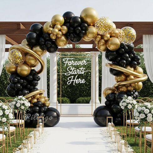 Black and Gold Balloon Arch Kit - 114 Pcs Black and Gold Balloons Garland with Confetti & Long Balloons for Men Birthday Graduation 2026 New Years Eve Retirement Party Decorations in Saudi Arabia